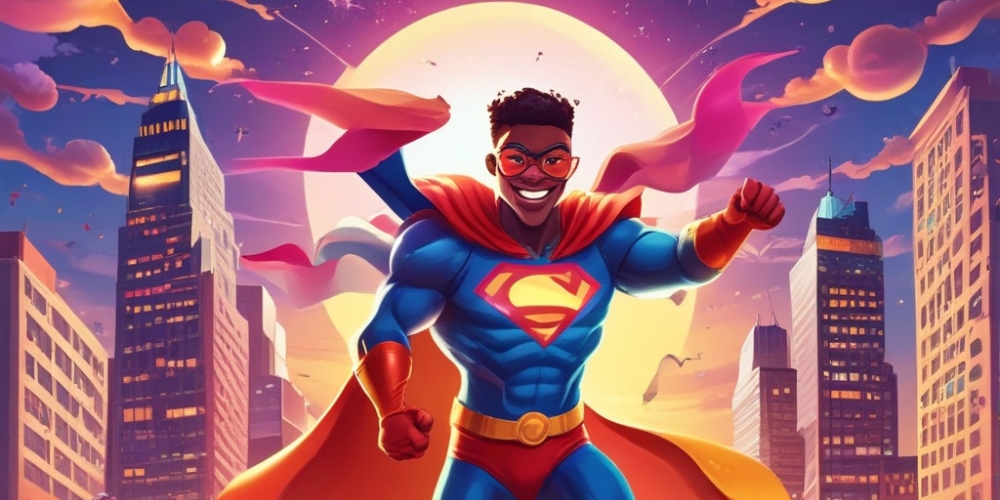 ein Kinder- Superheld läuft vor der Sonne durch die Straßen einer Stadt.